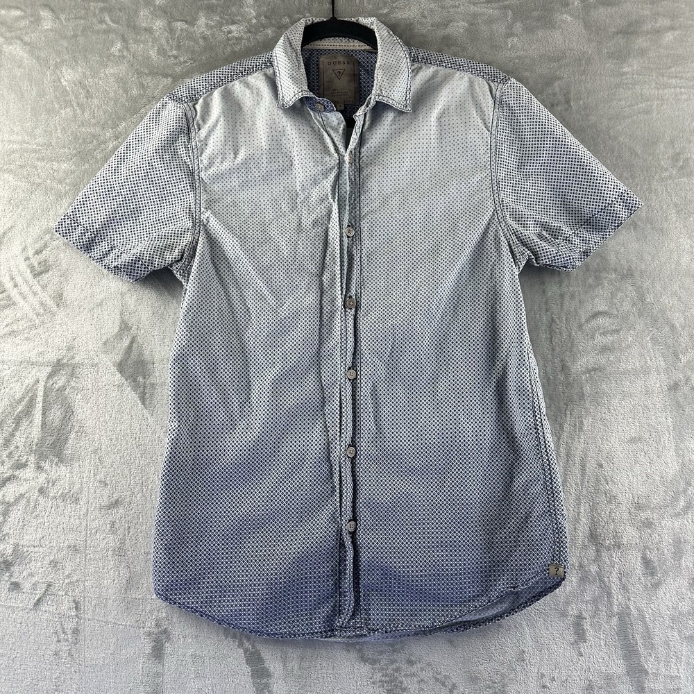 Guess Button Up Shirt Men's S Blue Geometric Print Short Sleeve